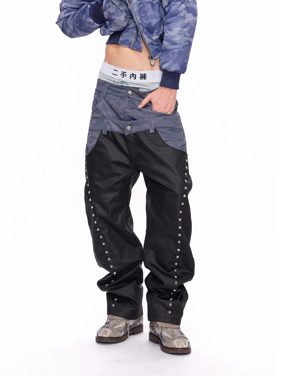 Mesh Camo Waxed Rivet Curved-Leg Jeans 141