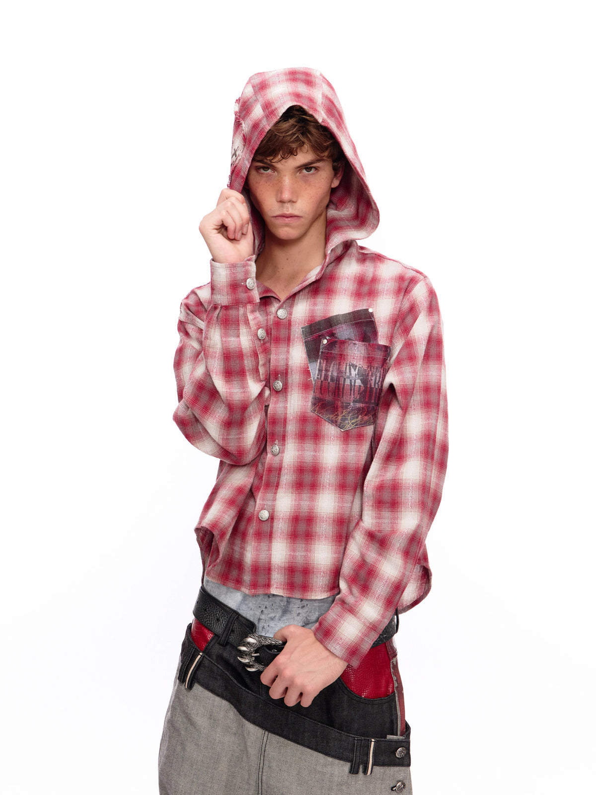 Vintage-Wash Shirt with Plaid Patches and Hood 115
