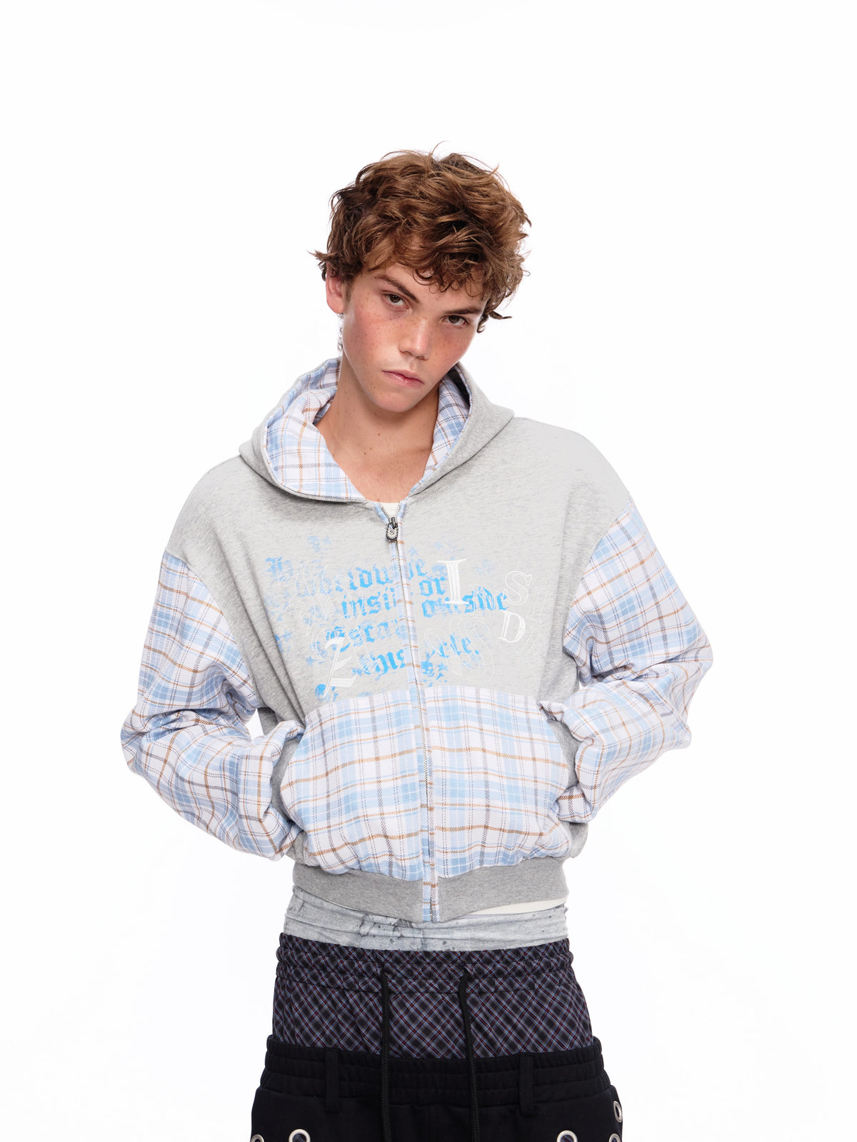 “INSIDE NO LOVE” Patchwork Slogan Zip-Up Hoodie 123