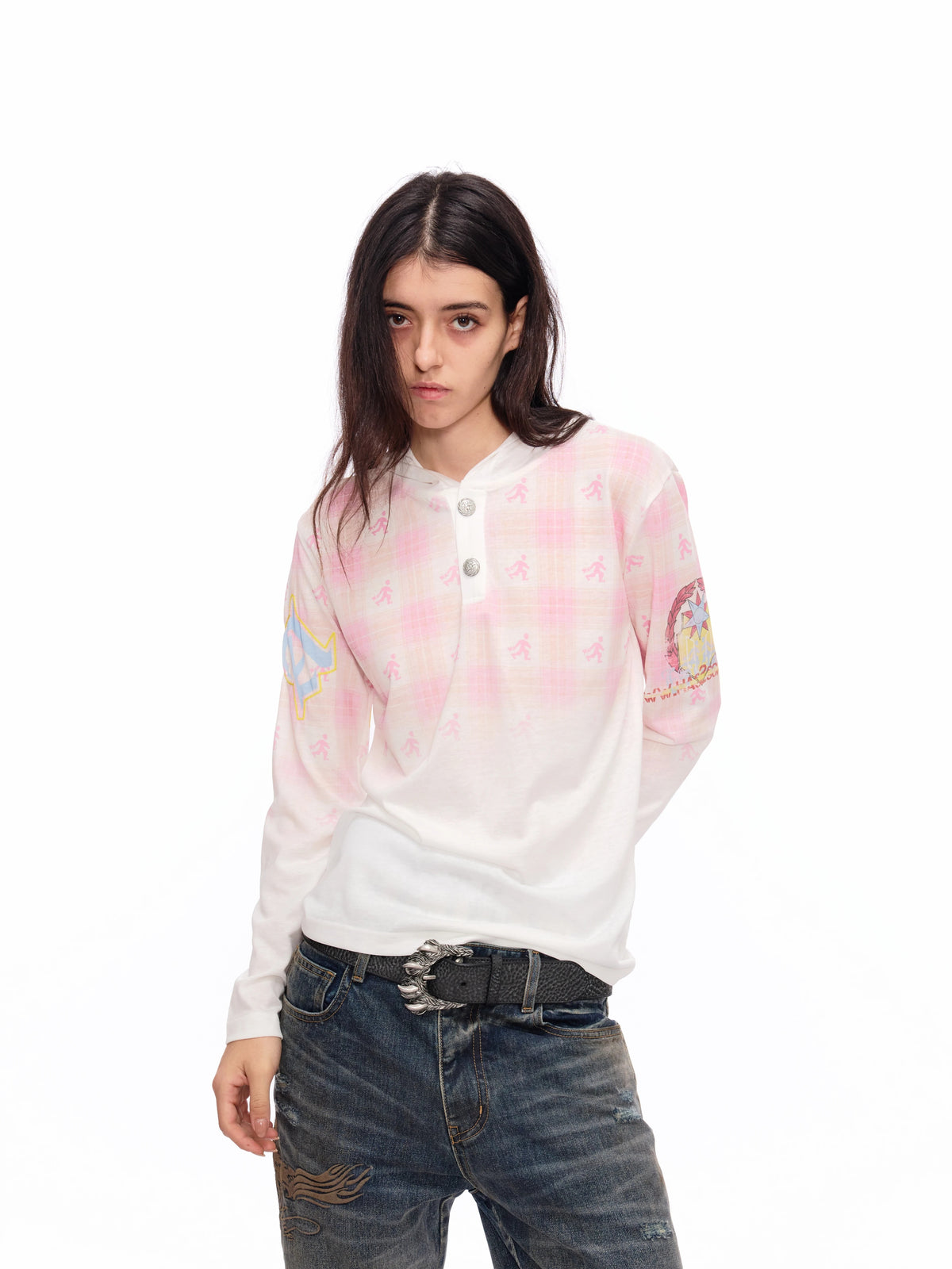 Pink Plaid Hooded Henley T-Shirt 111