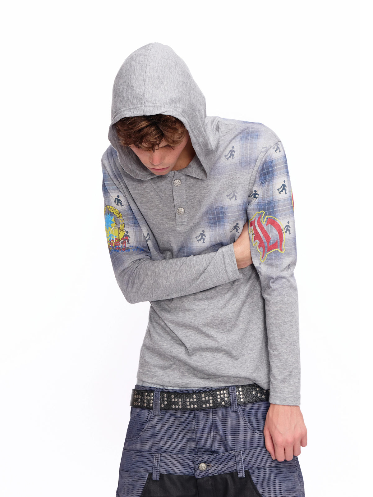 Plaid Hooded Henley T-Shirt 111