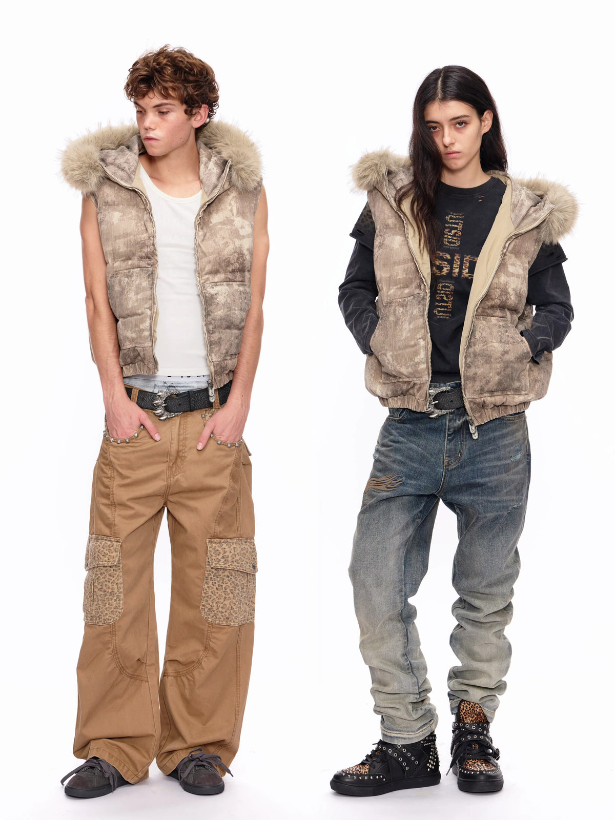 Washed Camo Vest with Detachable Fur Hood 135