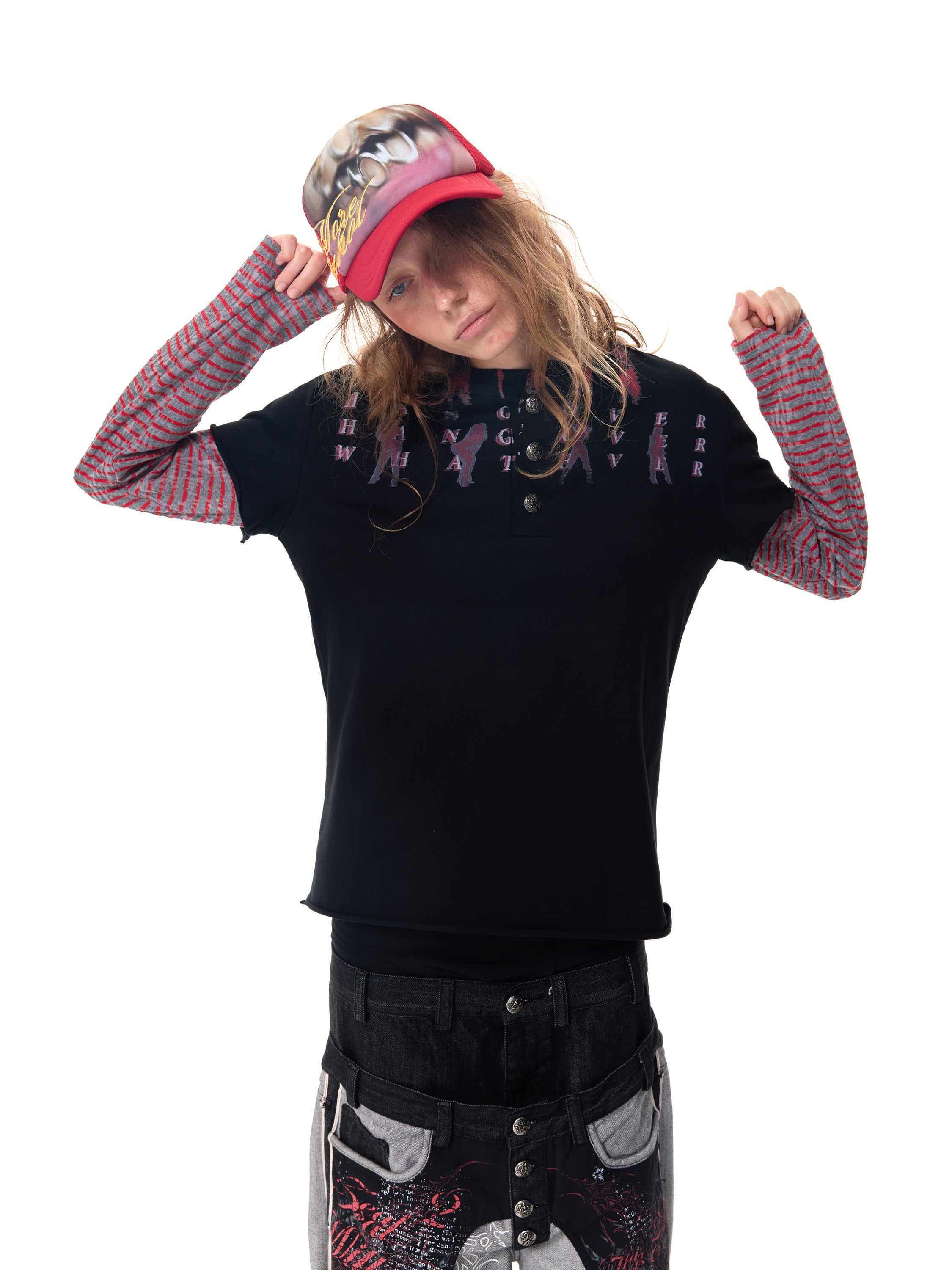 HAS2SONS Fake Two-Piece Print Henley Tee 085