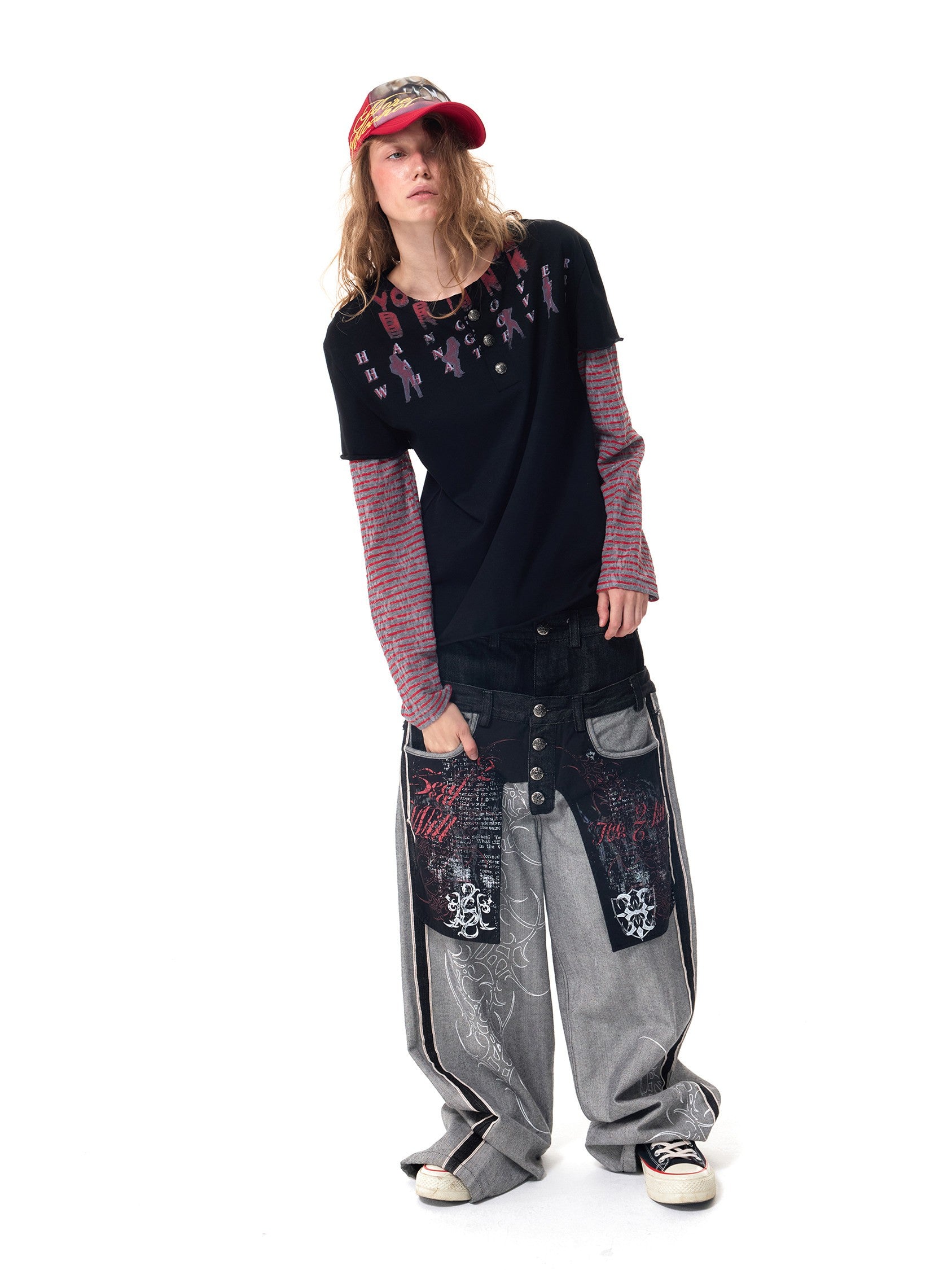 HAS2SONS Fake Two-Piece Print Henley Tee 085