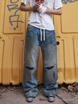 HAS2SONS washed blue straight leg wipe dirty jeans