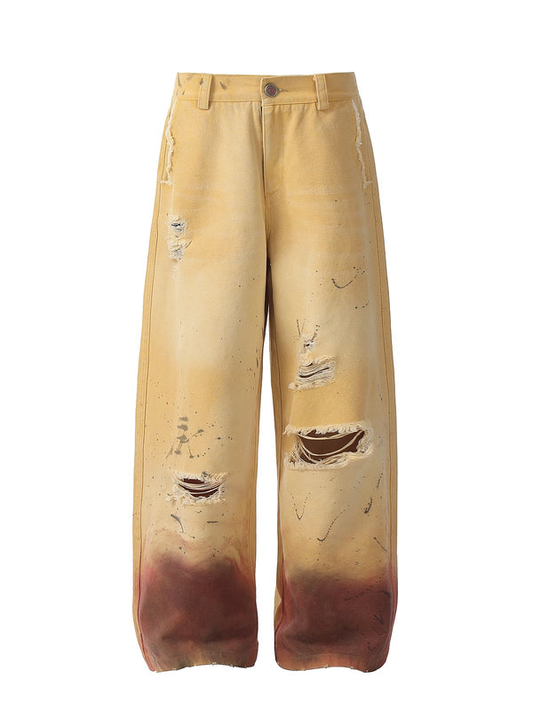HAS2SONS loose baggy splashed ink distressed yellow pants