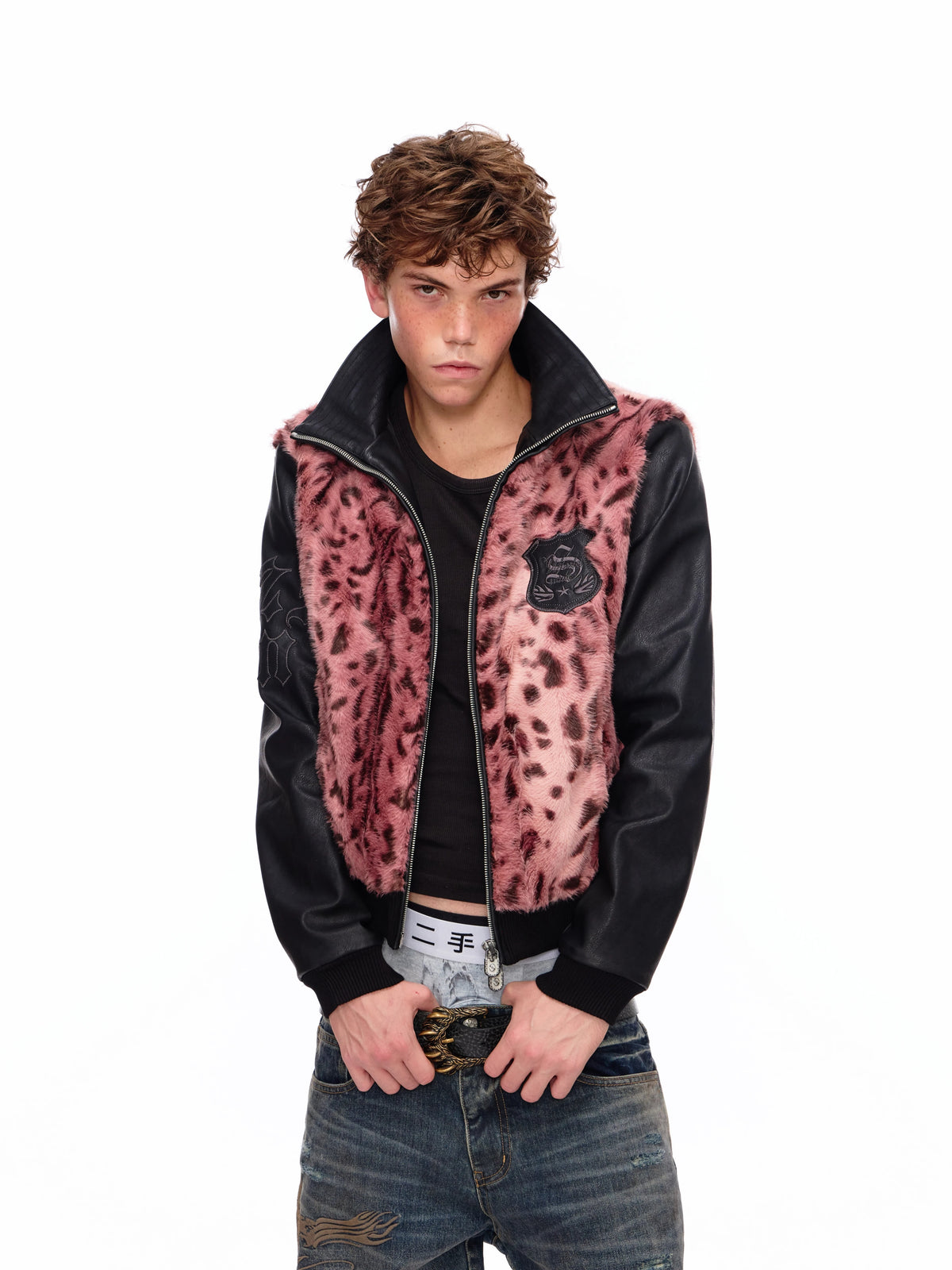 HAS2SONS 26FW Pink Leopard Faux Mink Varsity Jacket 128