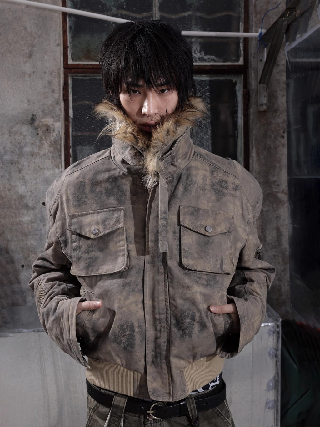 HAS2SONS curved knife short fur collar camouflage jacket bomber 023