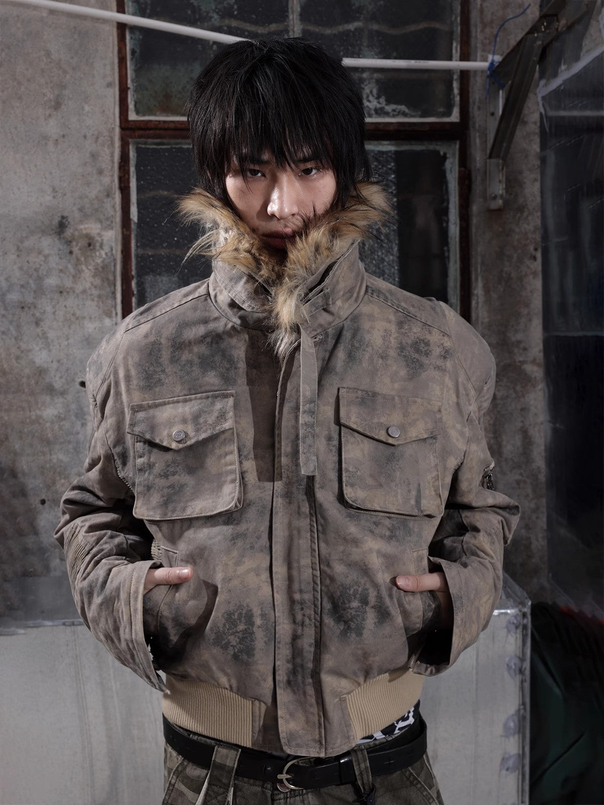 HAS2SONS curved knife short fur collar camouflage jacket bomber 023