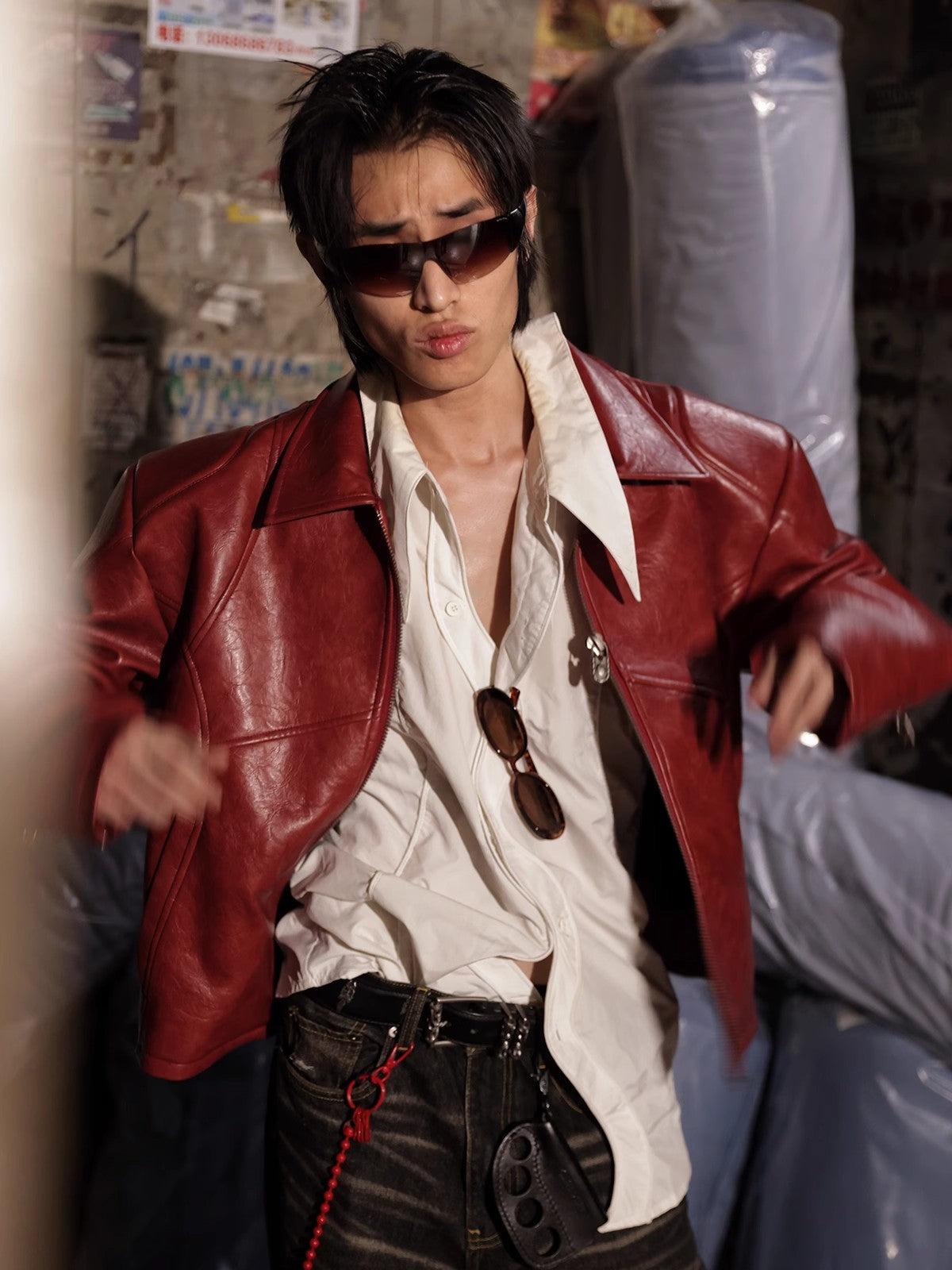HAS2SONS red curved blade sleeve PU leather jacket