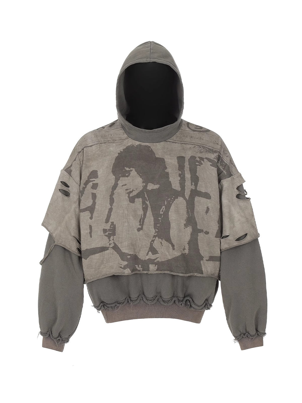 HAS2SONS vintage printed ripped fake two-piece pullover hoodie