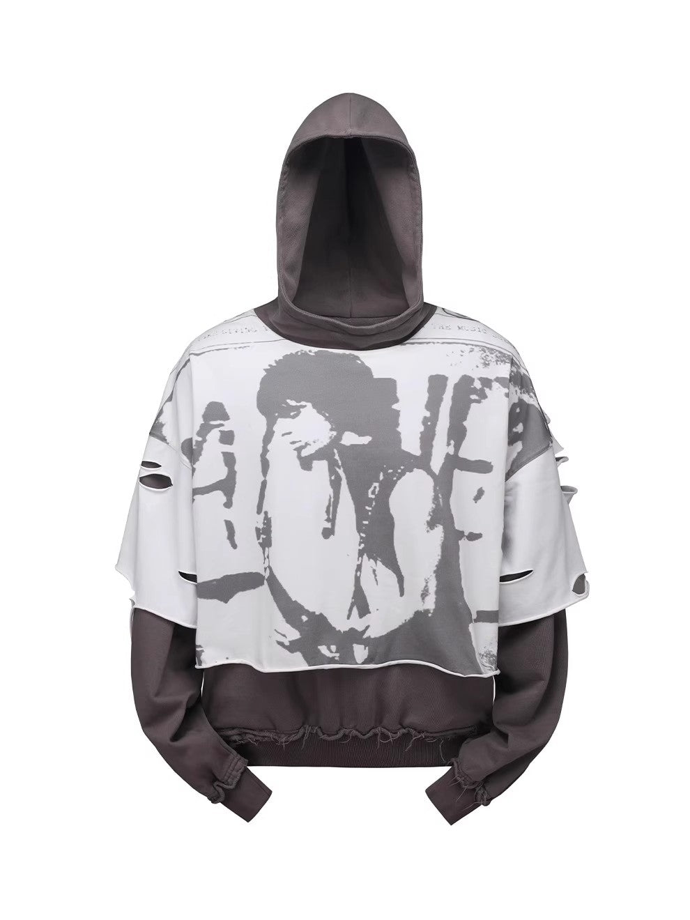 HAS2SONS printed distressed fake two-piece pullover hoodie