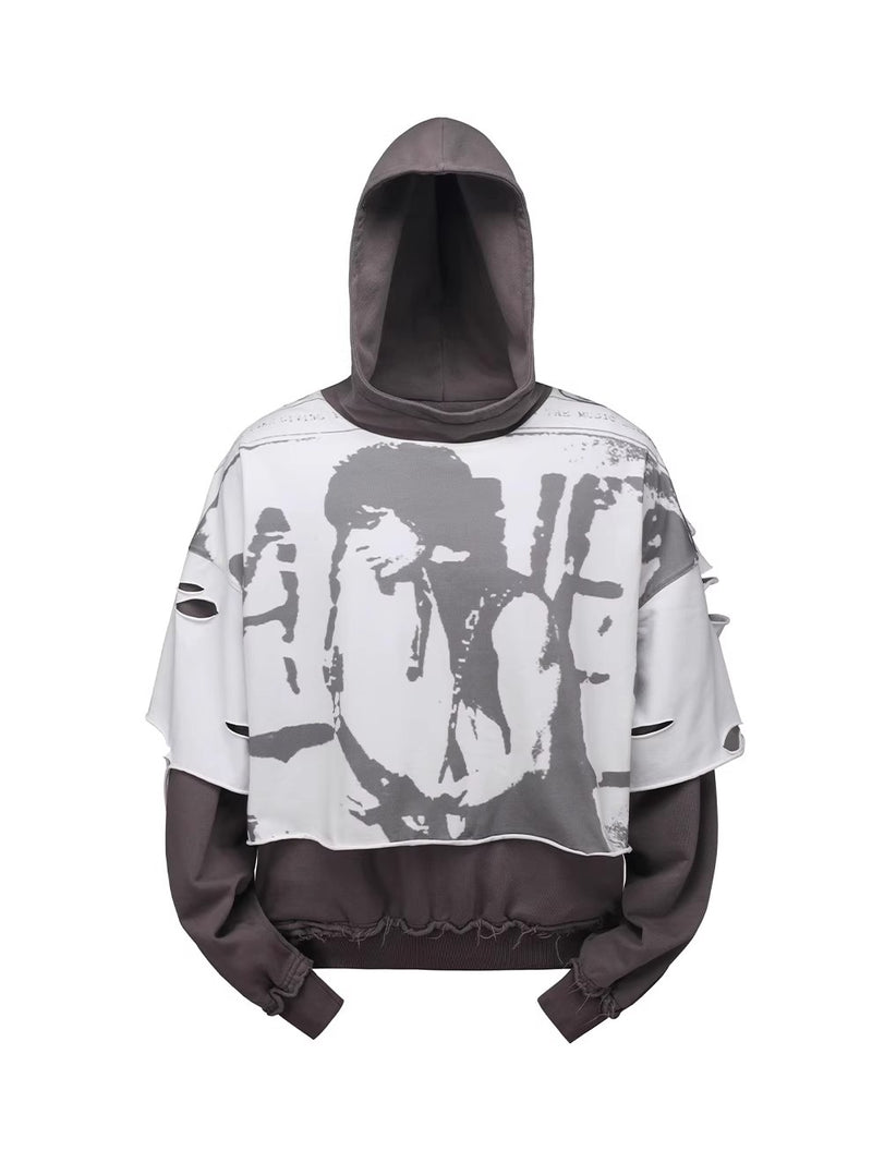 HAS2SONS printed distressed fake two-piece pullover hoodie