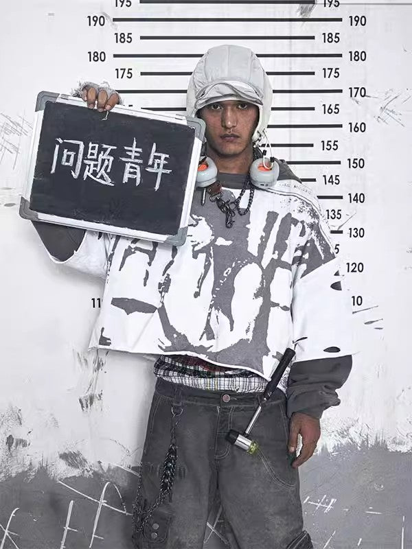 HAS2SONS printed distressed fake two-piece pullover hoodie