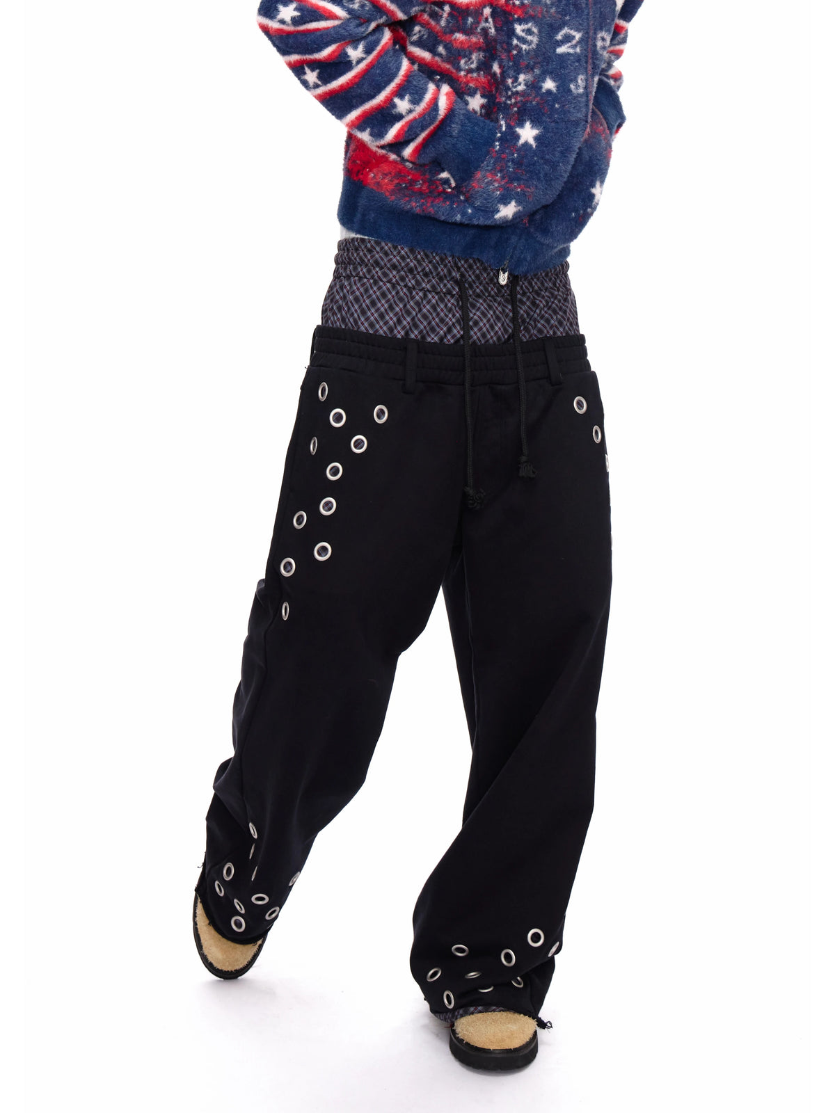 Dual-Waist Plaid Eyelet Sweatpants 113