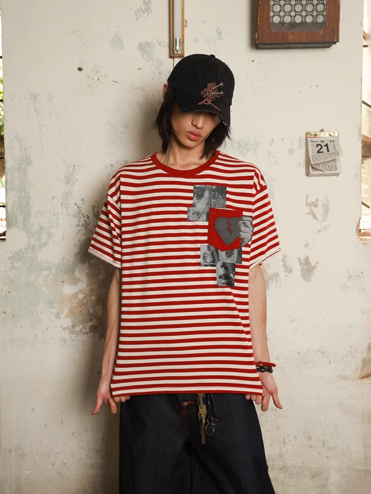 HAS2SONS Horizontal Stripe Printed Red Lightweight Breathable T-shirt