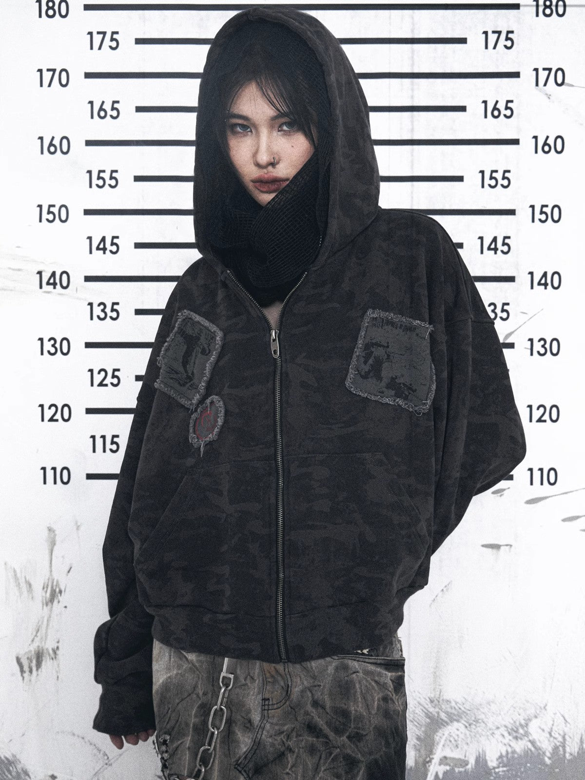 ウォッシュド迷彩パッチワーク刺繍カーディガンパーカー短幅プリントパーカー