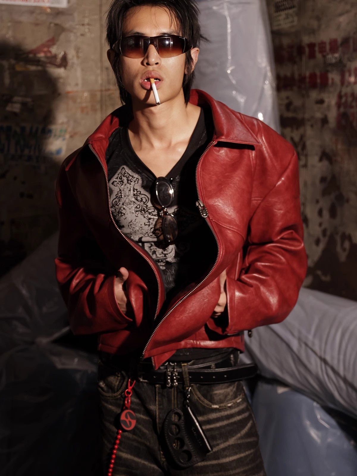 HAS2SONS red curved blade sleeve PU leather jacket