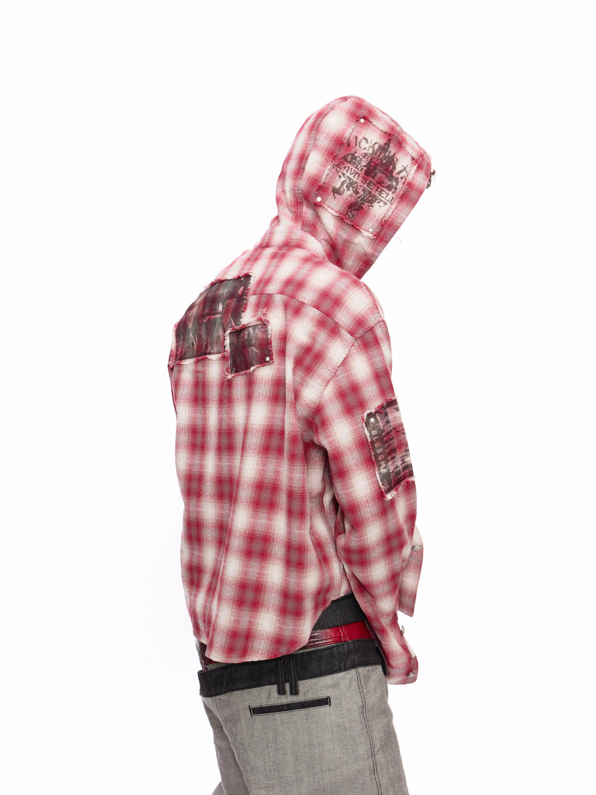 Vintage-Wash Shirt with Plaid Patches and Hood 115