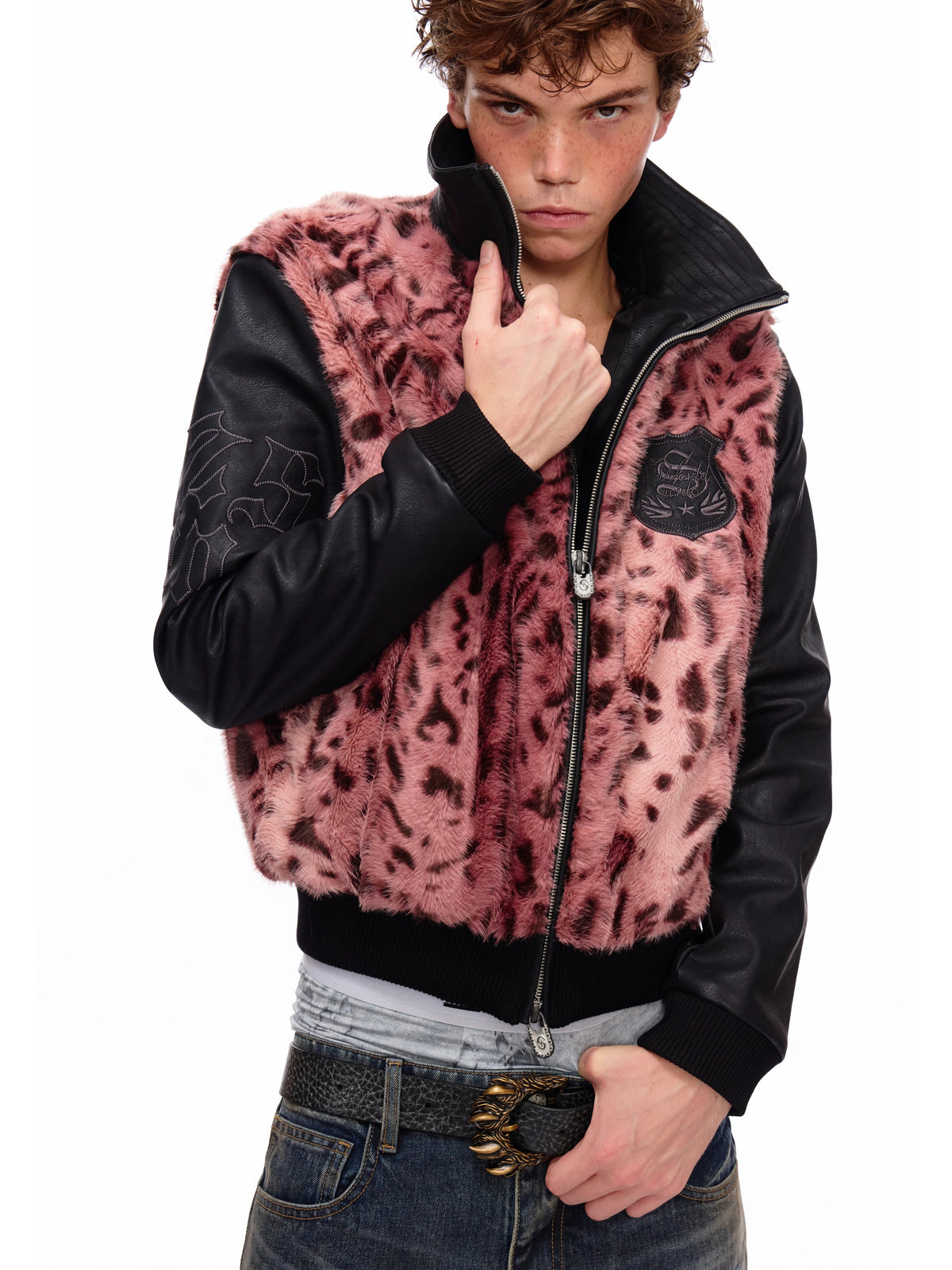 HAS2SONS 26FW Pink Leopard Faux Mink Varsity Jacket 128
