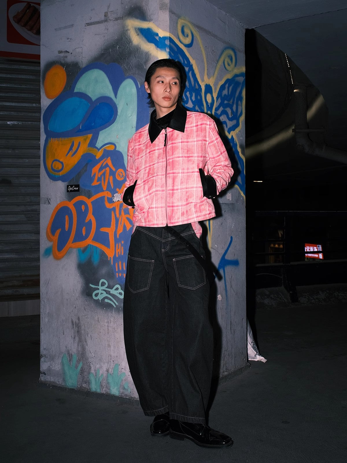 HAS2SONS Original Beef Splicing Pink Grid Bent Knife Jeans