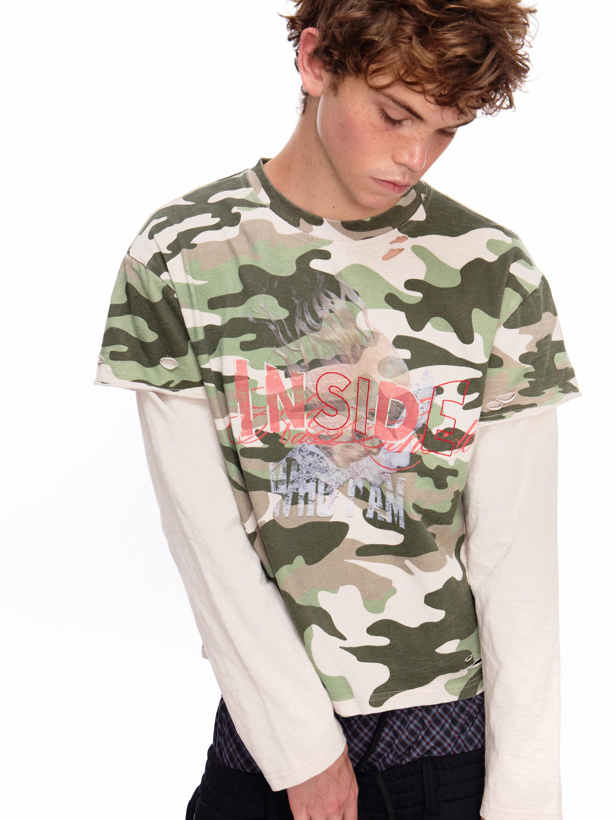 Camo Cuff Frayed Two-In-One Long Tee 114