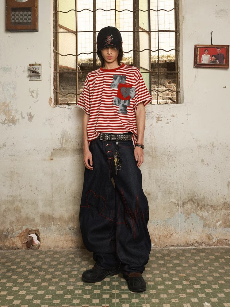 HAS2SONS Horizontal Stripe Printed Red Lightweight Breathable T-shirt