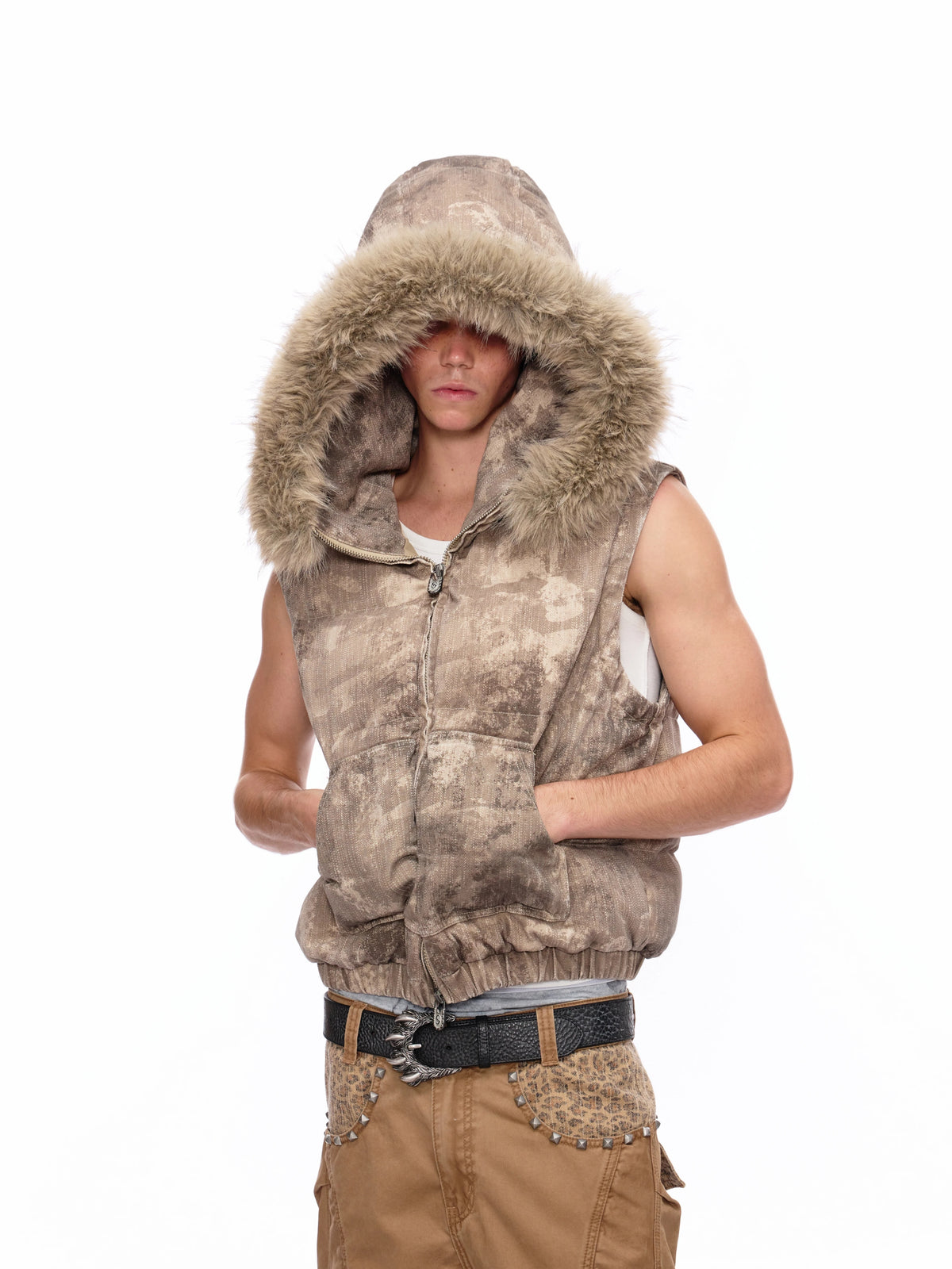 Washed Camo Vest with Detachable Fur Hood 135