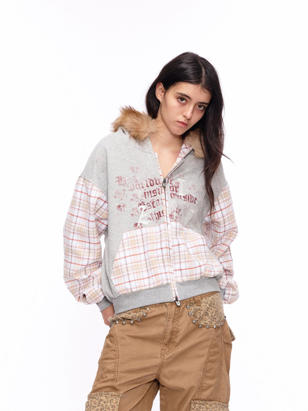 “INSIDE NO LOVE” Detachable Fur-Collar Hoodie 124