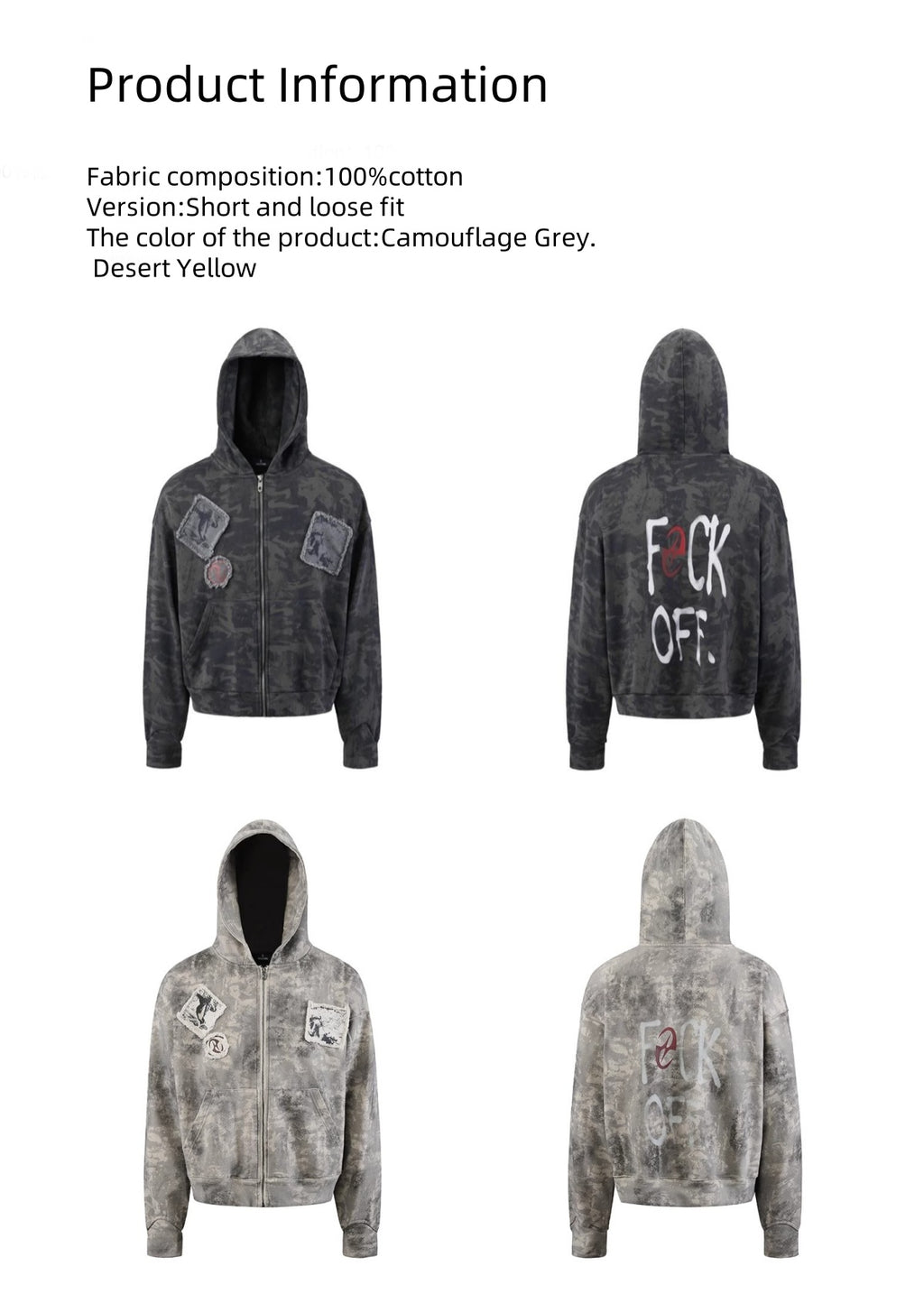 ウォッシュド迷彩パッチワーク刺繍カーディガンパーカー短幅プリントパーカー