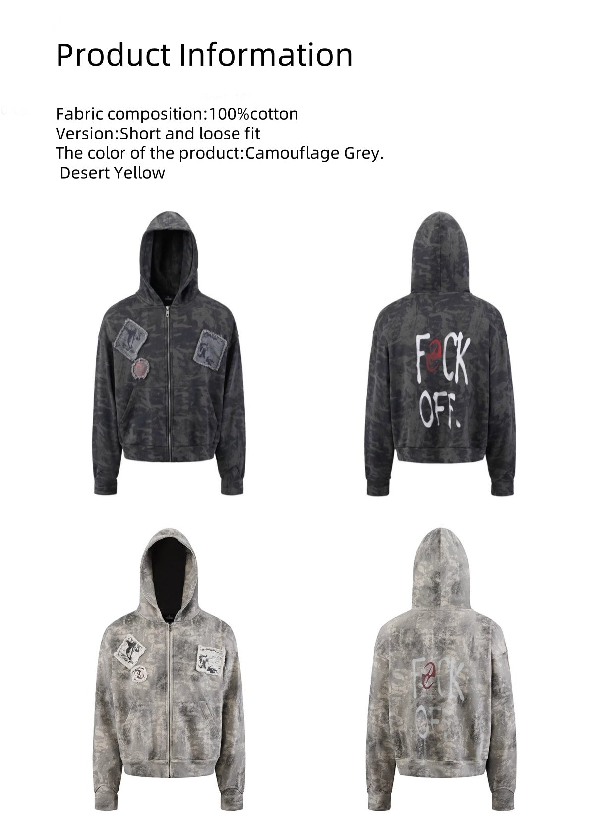 ウォッシュド迷彩パッチワーク刺繍カーディガンパーカー短幅プリントパーカー