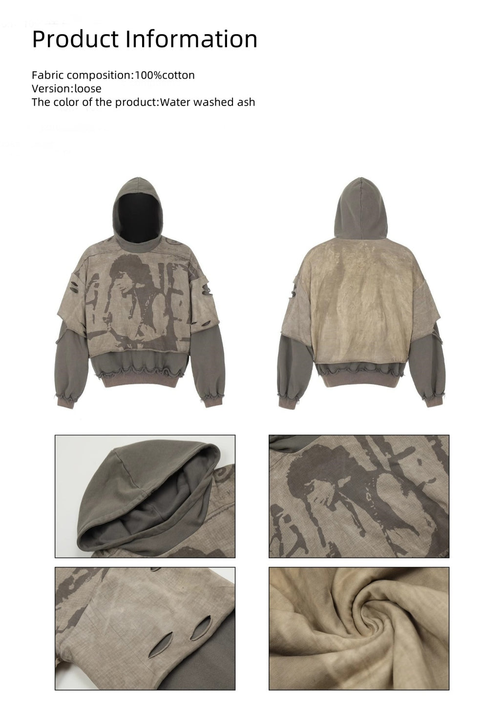 HAS2SONS vintage printed ripped fake two-piece pullover hoodie