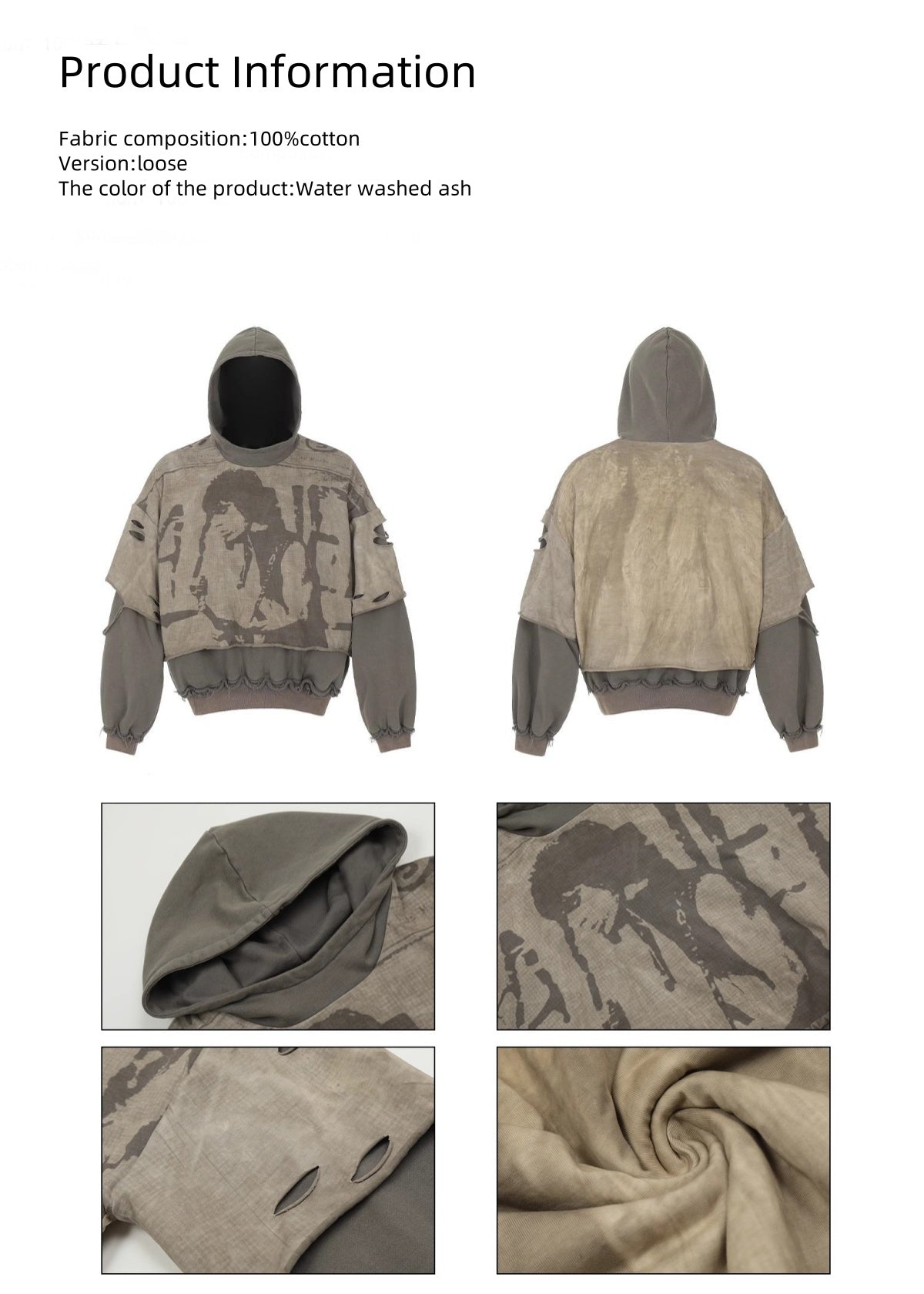 HAS2SONS vintage printed ripped fake two-piece pullover hoodie