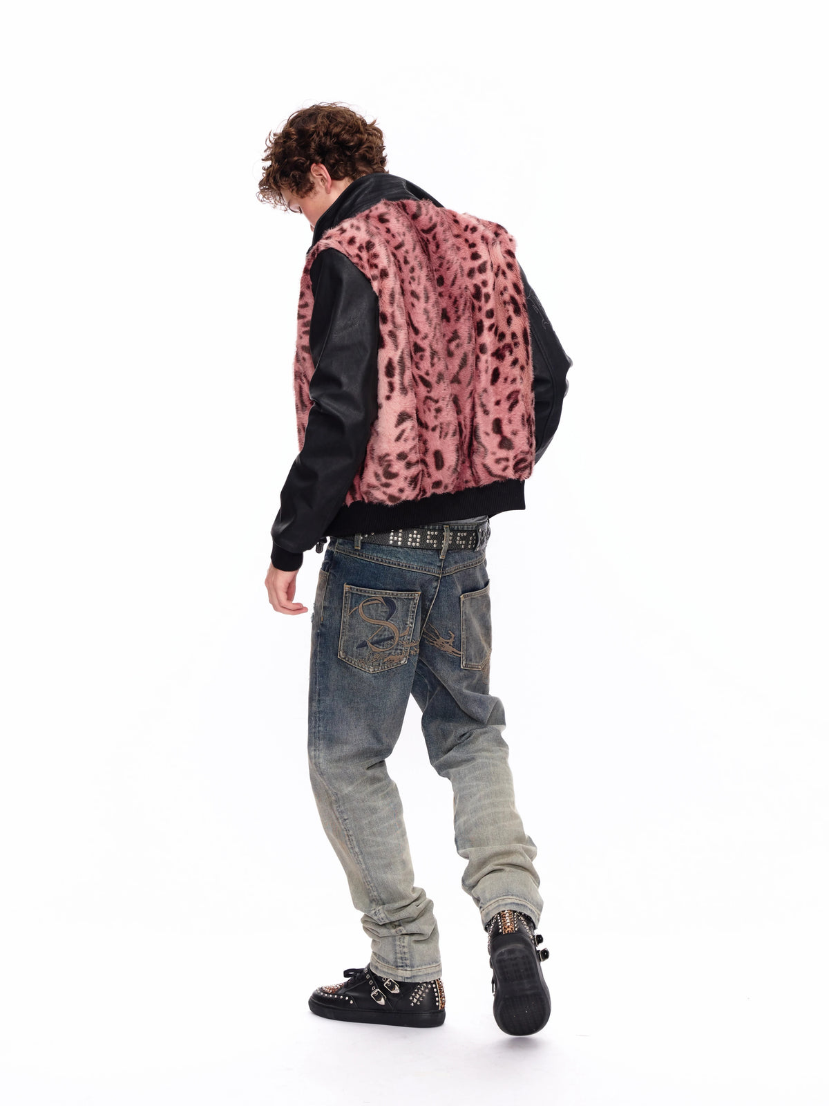 HAS2SONS 26FW Pink Leopard Faux Mink Varsity Jacket 128