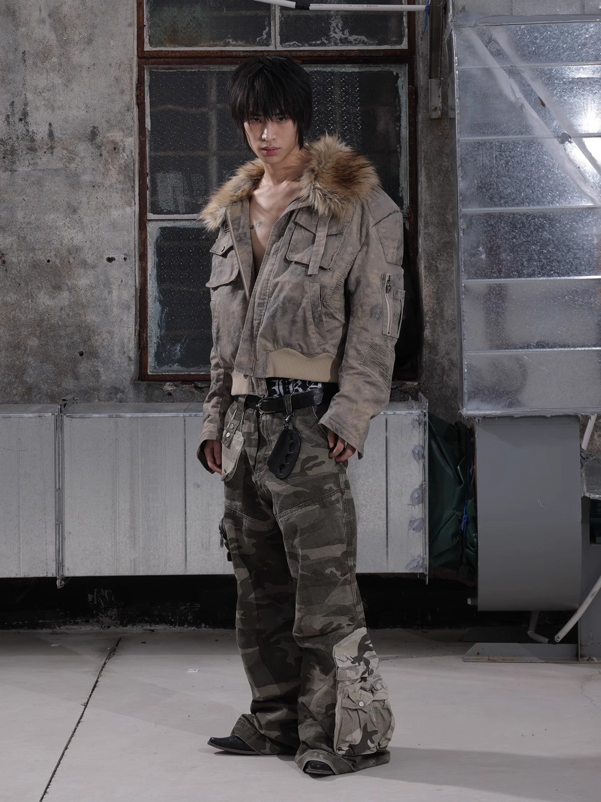 HAS2SONS curved knife short fur collar camouflage jacket bomber 023