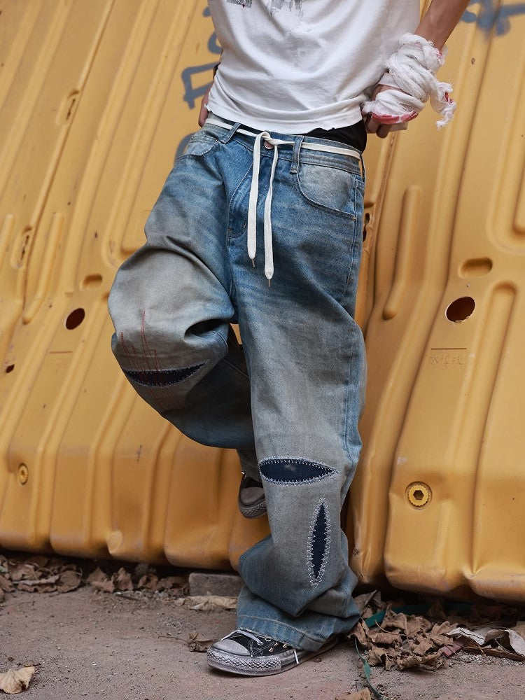 HAS2SONS washed blue straight leg wipe dirty jeans
