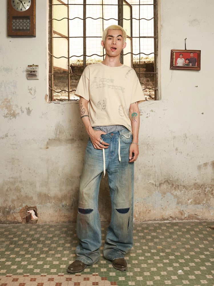 HAS2SONS 245g short and wide ready to wear dyed footprint short sleeved T-shirt