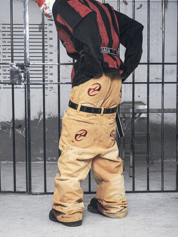 HAS2SONS loose baggy splashed ink distressed yellow pants