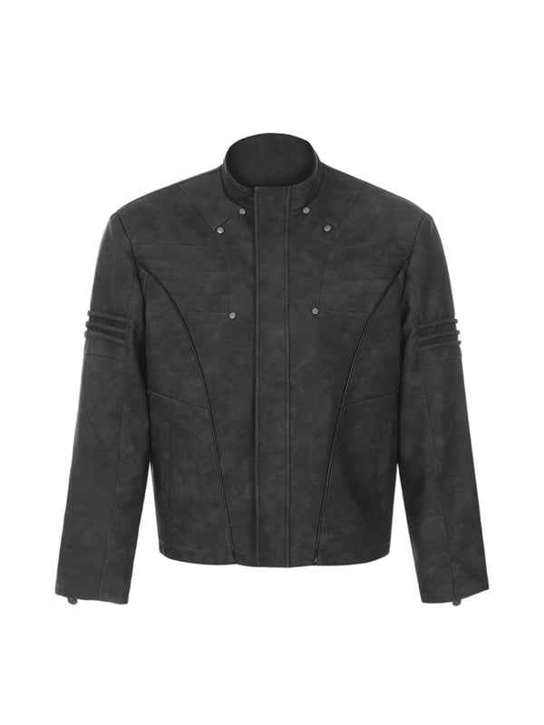 HAS2SON vintage PU American street motorcycle standing collar leather jacket