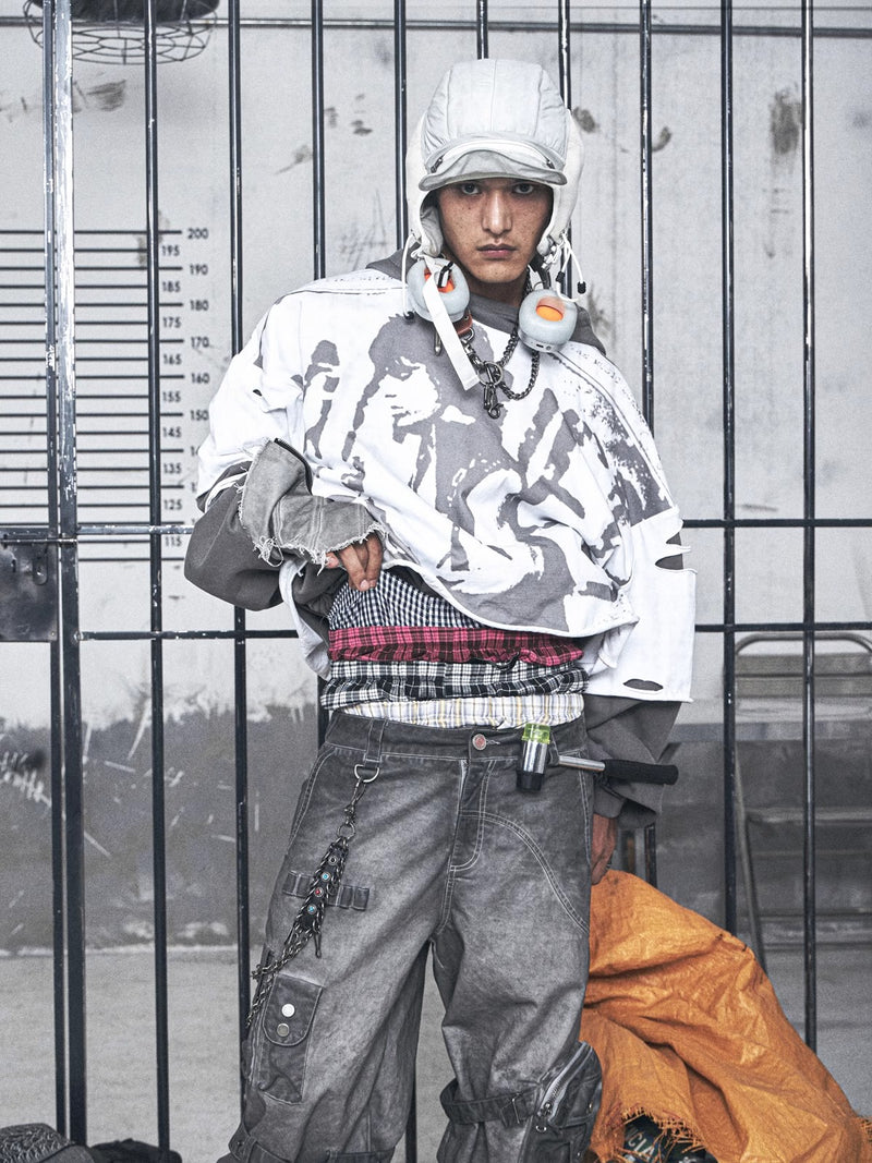 HAS2SONS printed distressed fake two-piece pullover hoodie