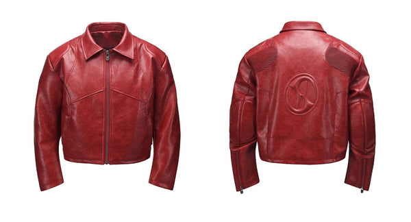 HAS2SONS red curved blade sleeve PU leather jacket