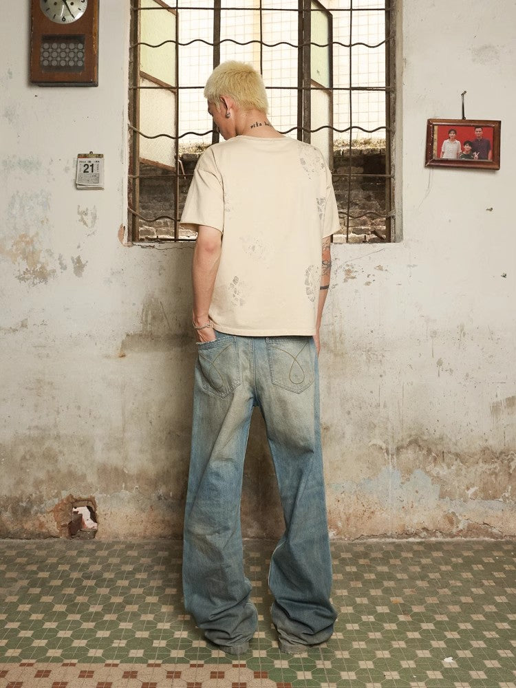 HAS2SONS 245g short and wide ready to wear dyed footprint short sleeved T-shirt