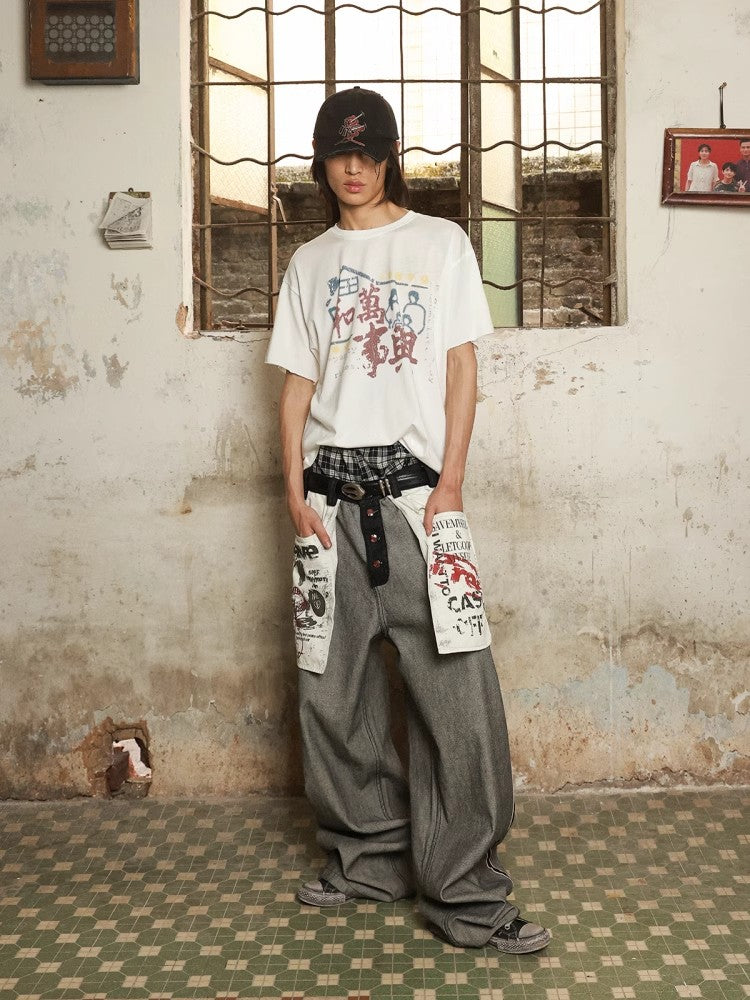 HAS2SONS Printed Shoulder Edition Curled Short Sleeve T-shirt