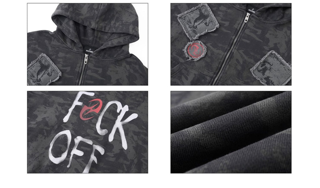 ウォッシュド迷彩パッチワーク刺繍カーディガンパーカー短幅プリントパーカー