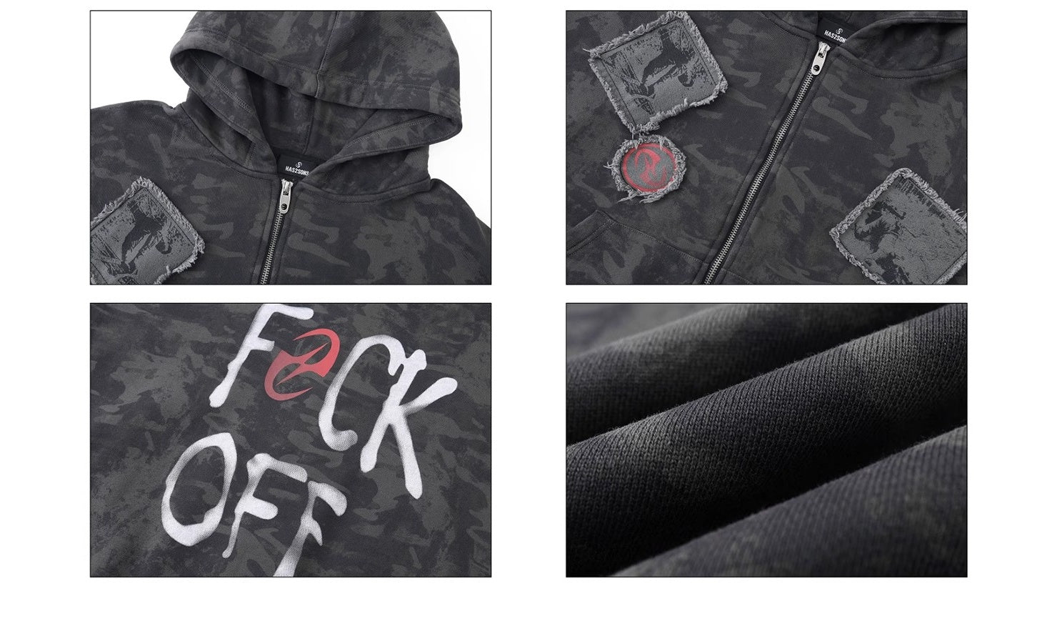 ウォッシュド迷彩パッチワーク刺繍カーディガンパーカー短幅プリントパーカー