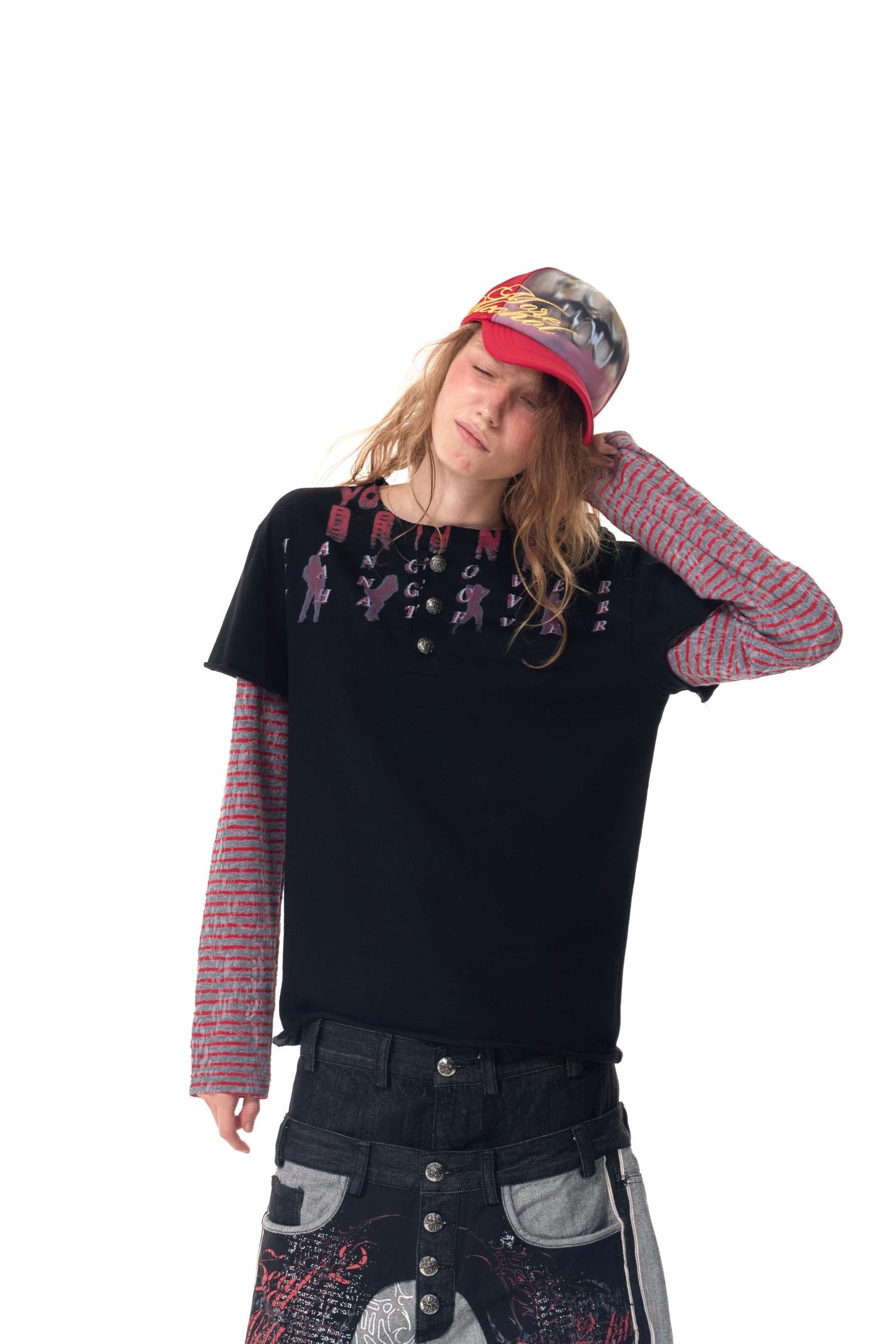 HAS2SONS Fake Two-Piece Print Henley Tee 085