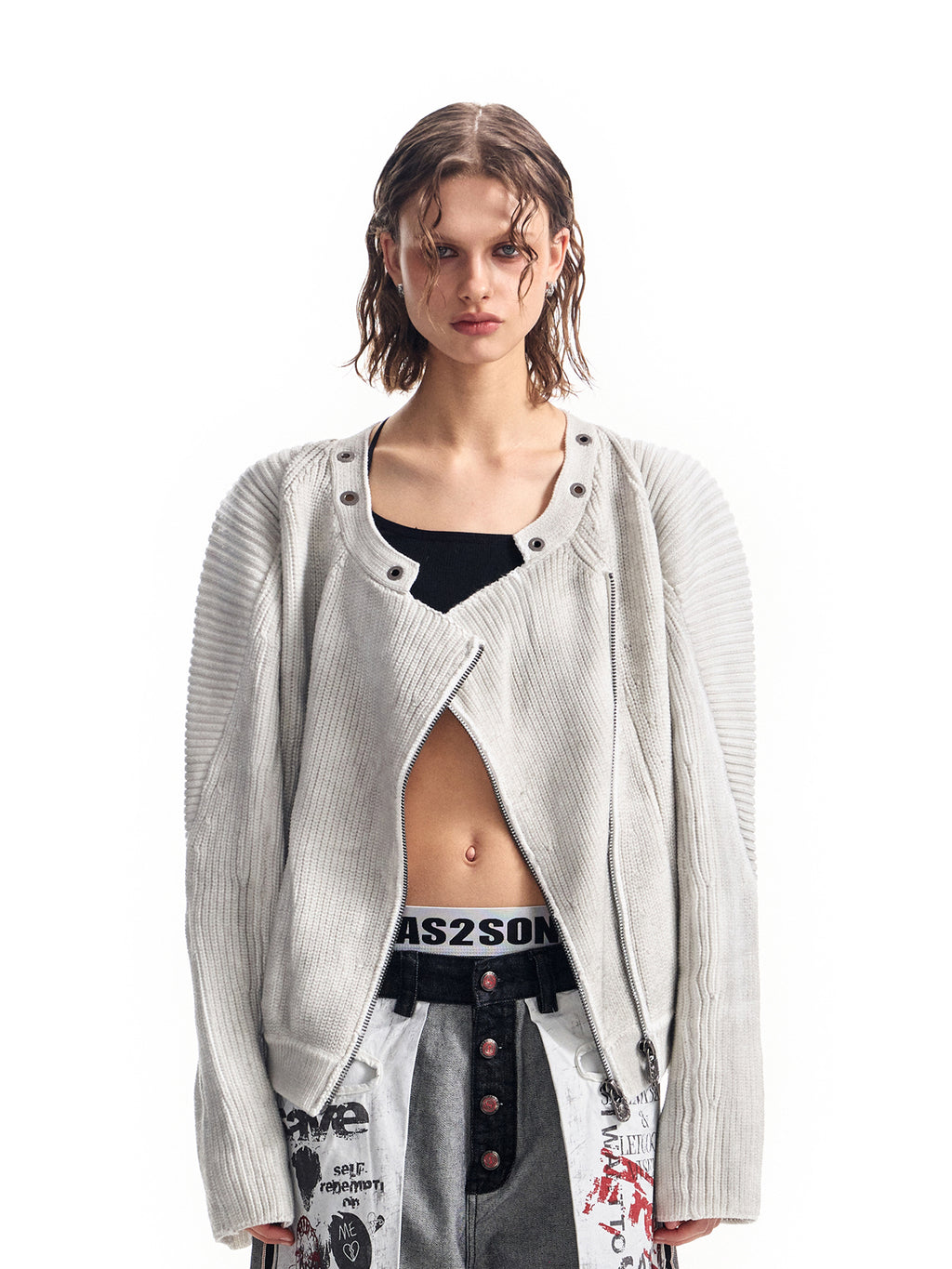 パッチワークデザインのカーディガンピットニットセータージャケット、ダーティダイ加工のダメージジャケット