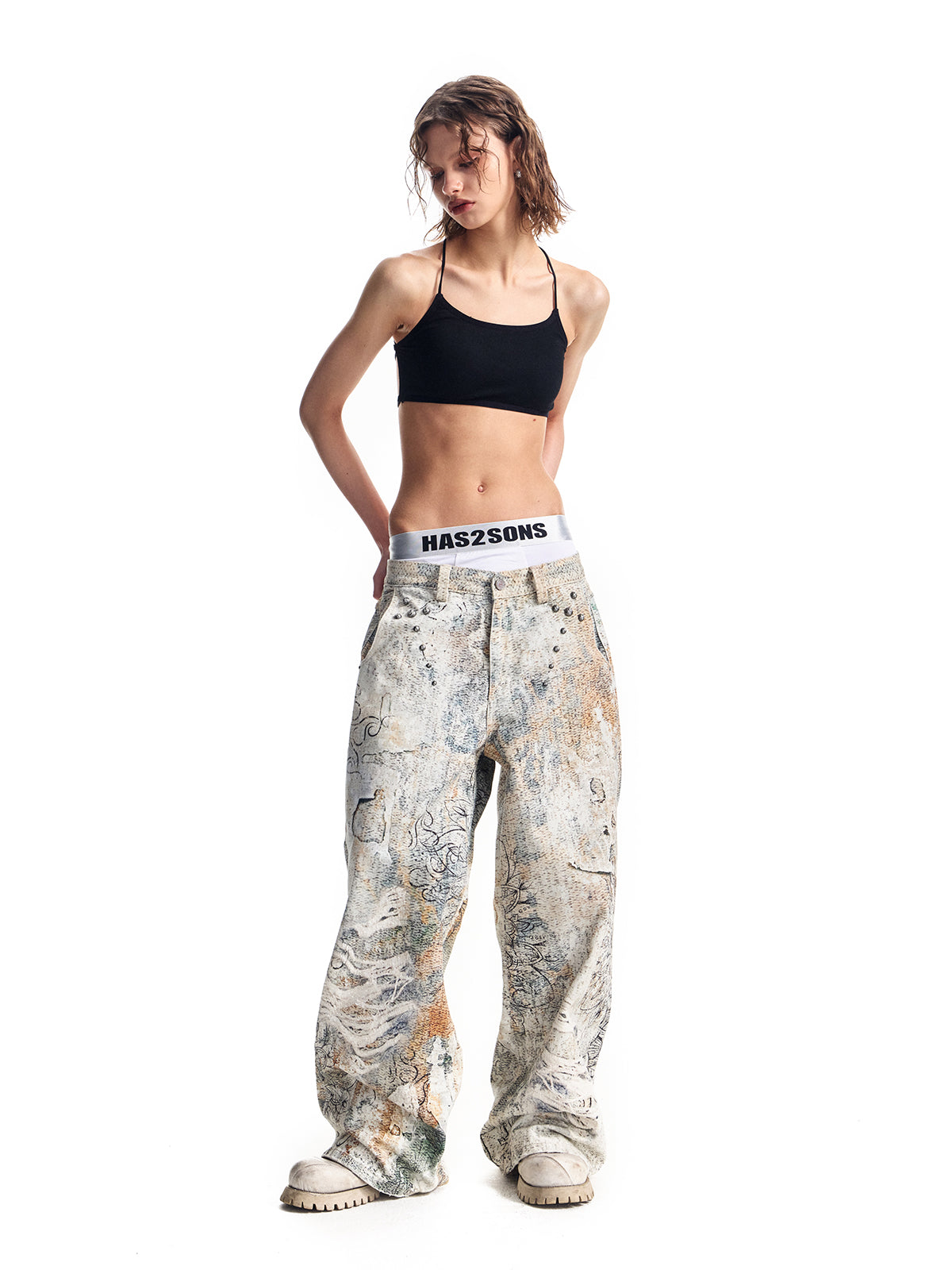 25FW digital printed rivet A-line version 14.5 oz denim pants