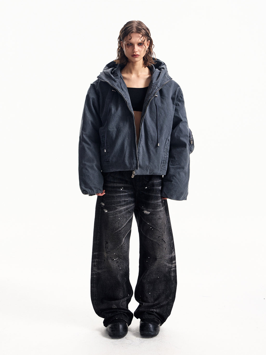 ガソリンブルーのフード付きコットンジャケット、ブレッドジャケット、パールキャンバス、洗濯済み、中古品