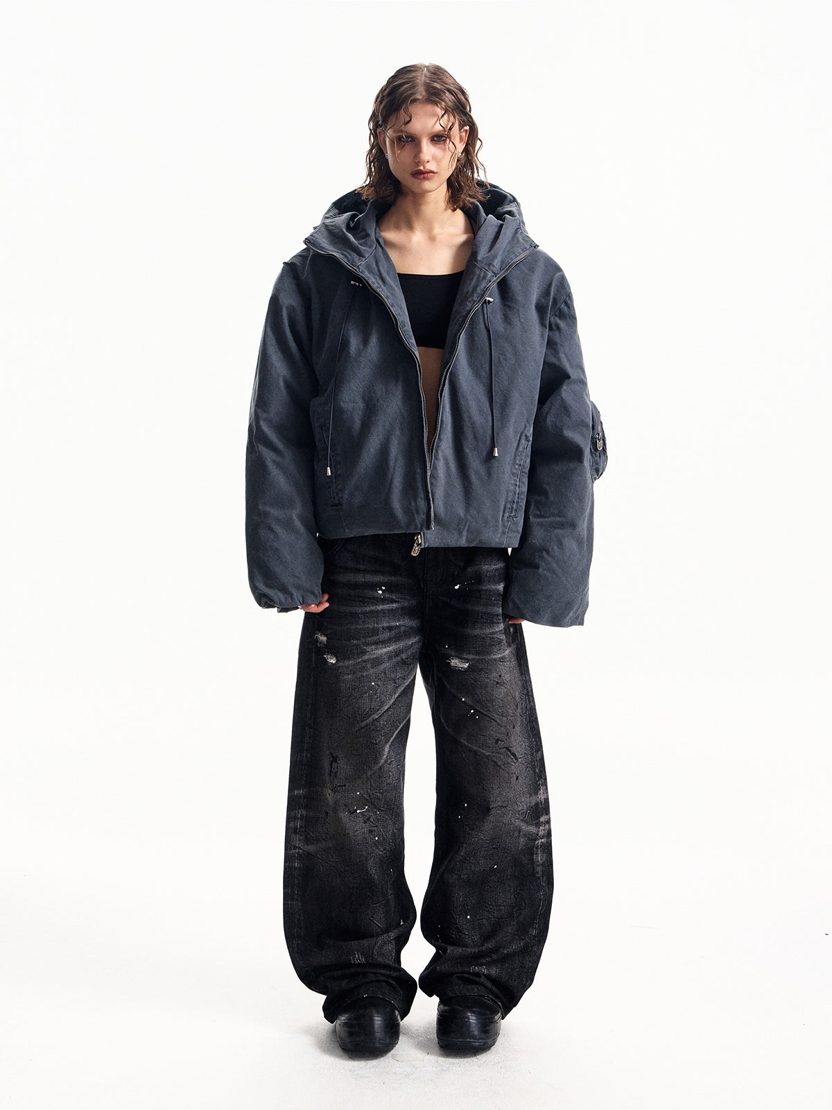 ガソリンブルーのフード付きコットンジャケット、ブレッドジャケット、パールキャンバス、洗濯済み、中古品